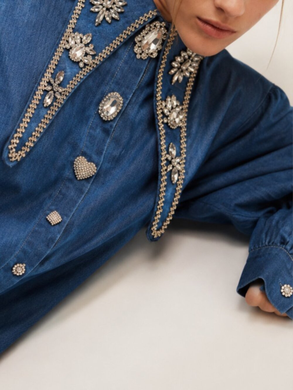 Rhinestone Denim Shirt Crystal Buttons Oversize - Picture 3 of 15